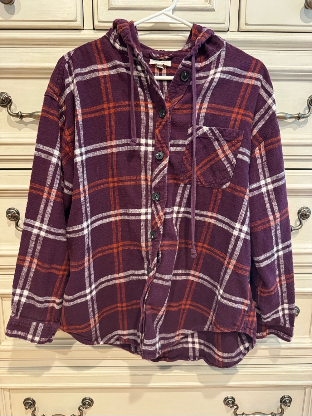 Maurices Purple Plaid Button-Down Hooded Shirt with Orange & White Stripes